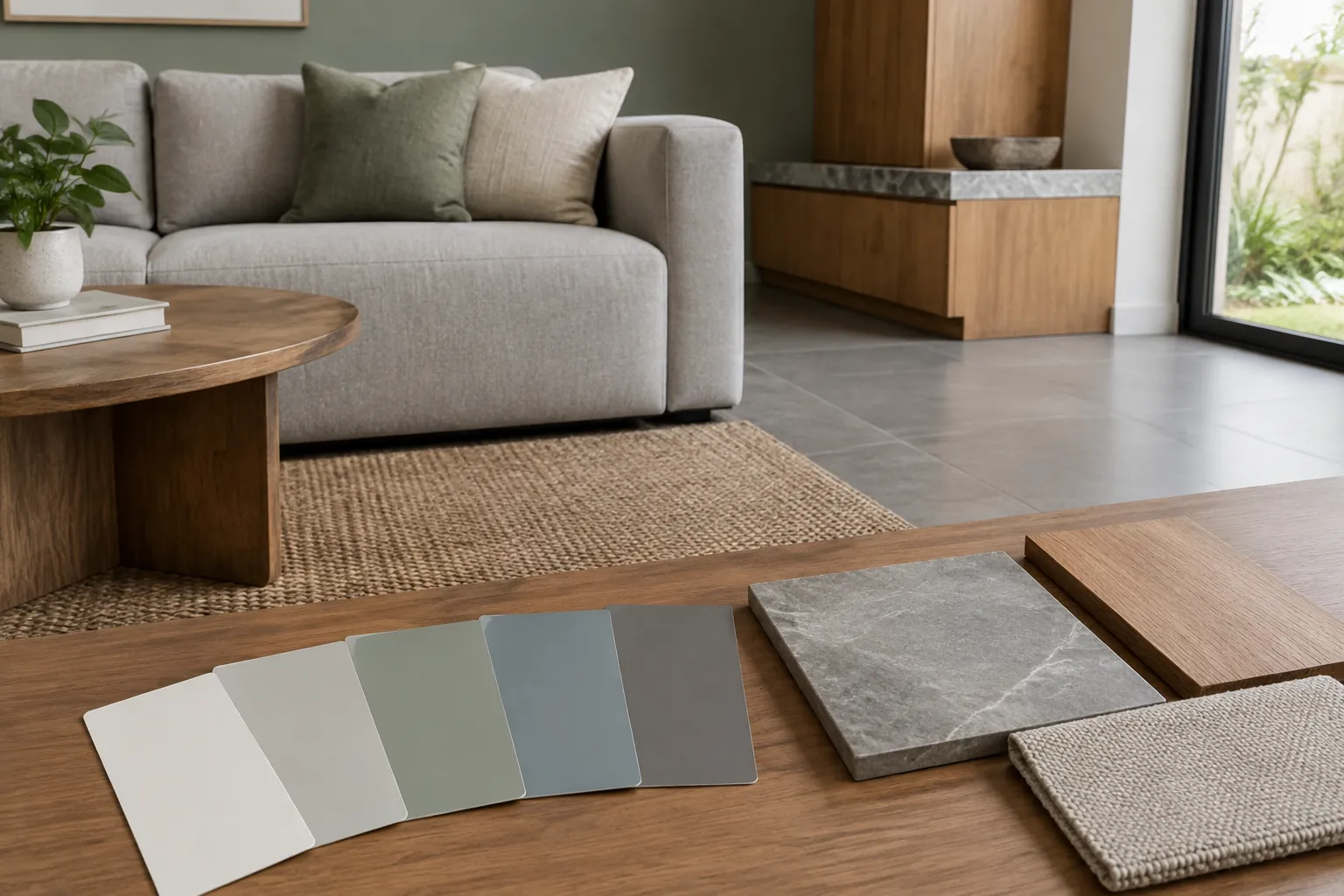 Sampel warna dan bahan disusun di depan sofa