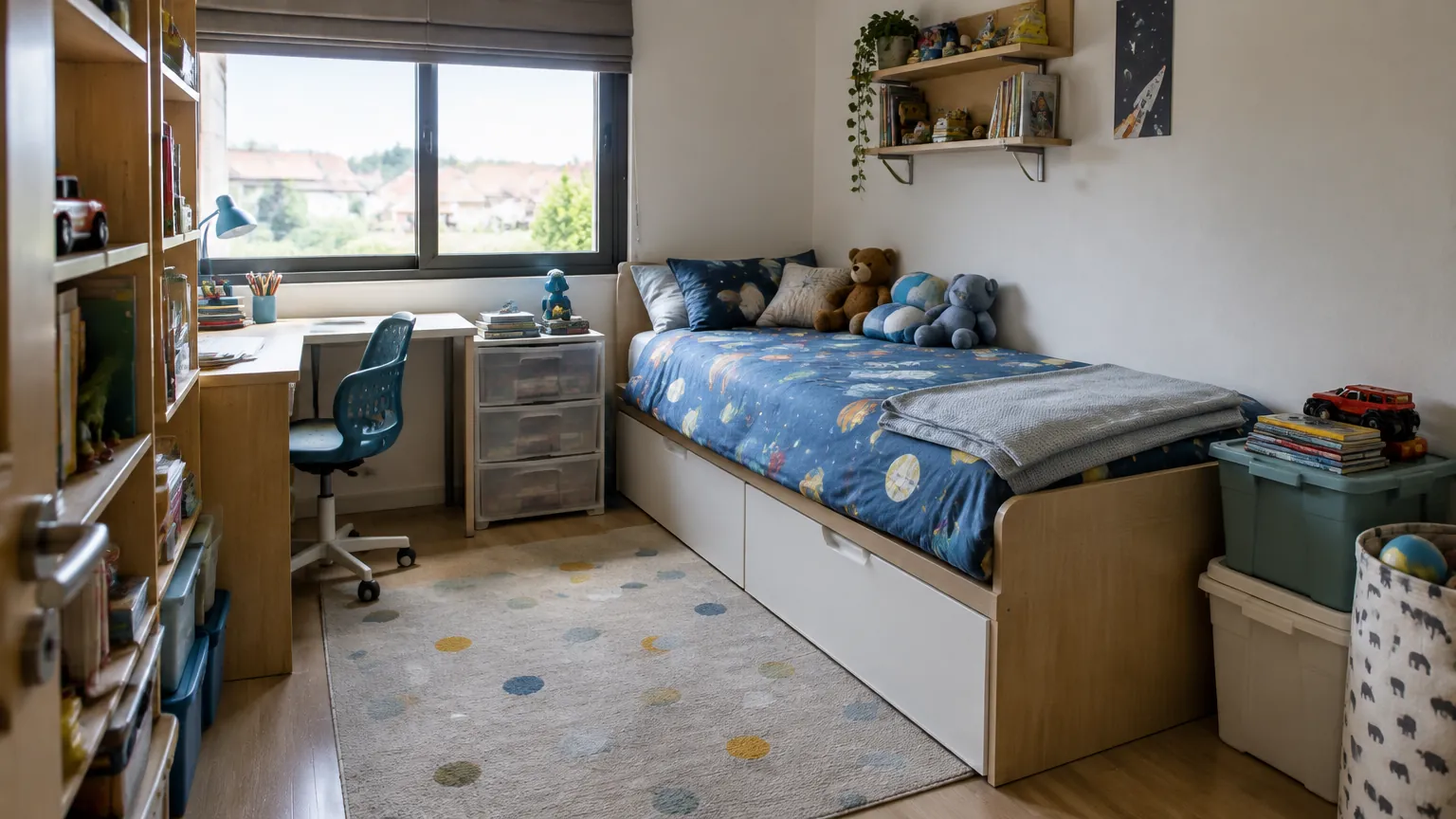 Kamar anak dengan tempat tidur dan meja belajar yang berdekatan