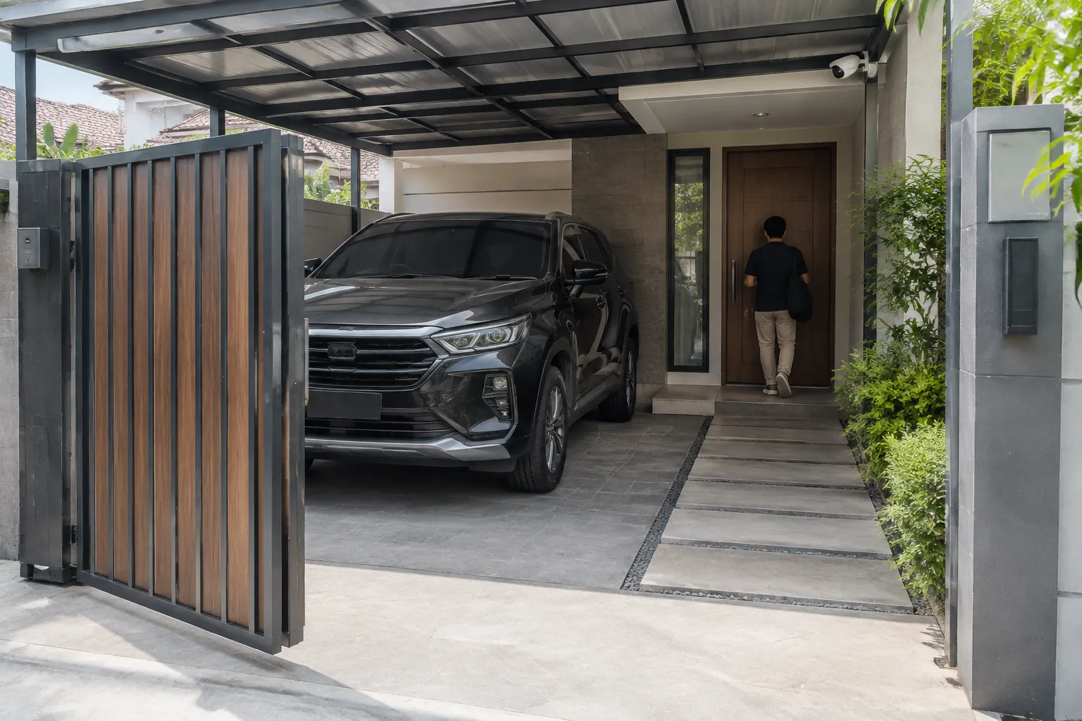 Carport dengan kamera di tepi atap dan akses kendaraan