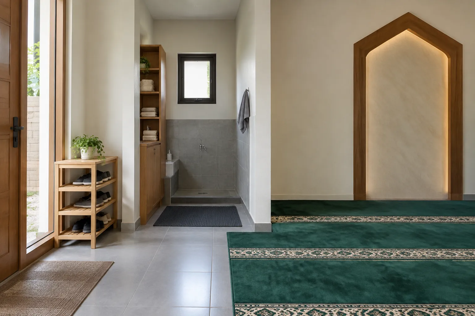 Area wudu terletak di samping ruang salat dan dipisahkan oleh jalur lantai
