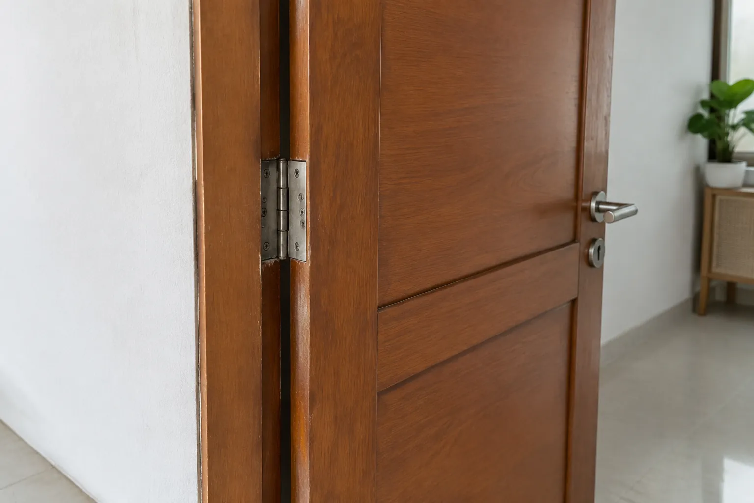 Detail engsel dan gagang pada pintu kayu yang terbuka