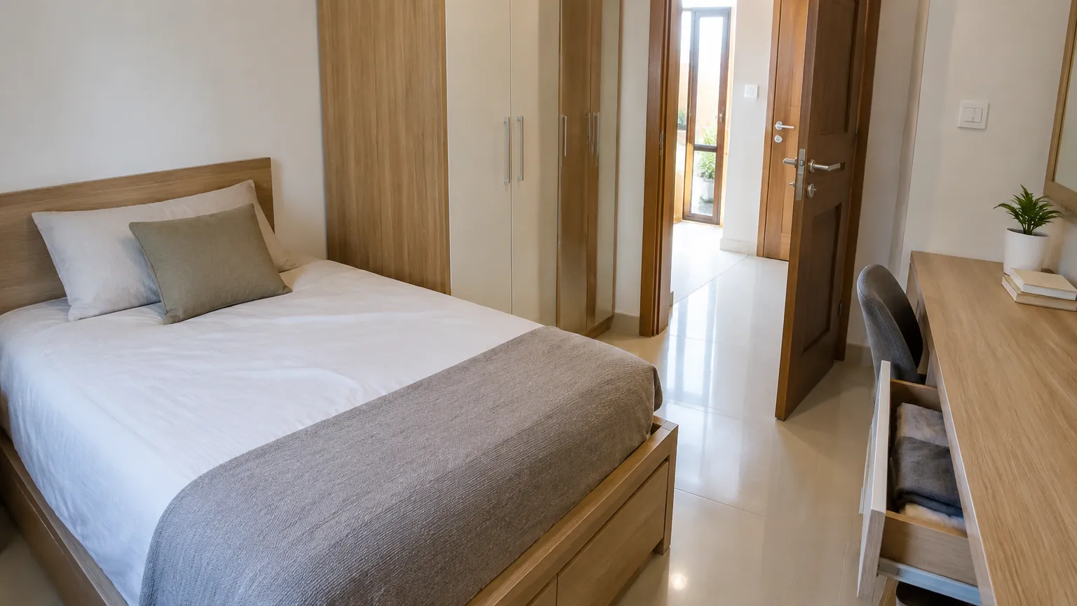 Tempat tidur, lemari, dan pintu tersusun pada kamar berukuran sedang