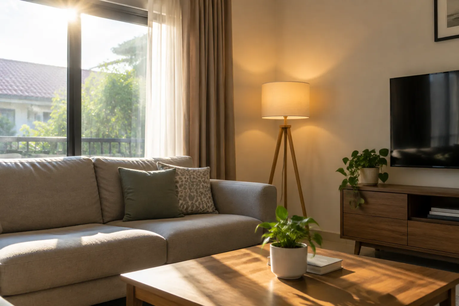 Sofa dekat jendela dengan lampu berdiri dan cahaya siang