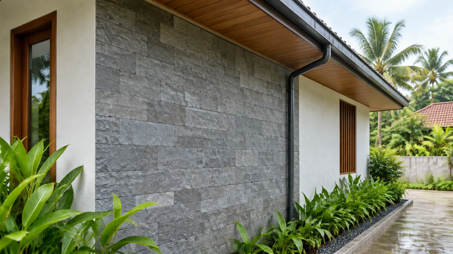 Dinding luar rumah berlapis batu abu-abu di antara tanaman tropis
