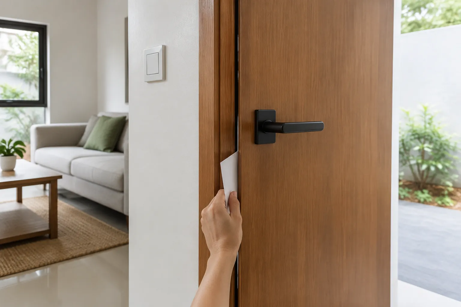 Seseorang memeriksa tepi pintu kayu di dalam rumah