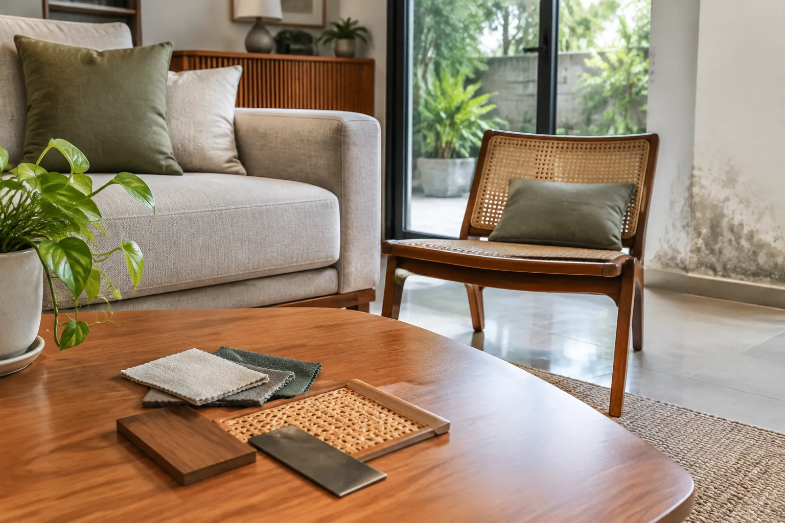 Sampel bahan di atas meja ruang tamu dengan sofa dan kursi