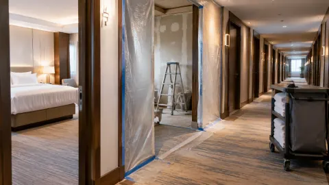 Koridor hotel dengan pelindung dinding dan peralatan kerja renovasi
