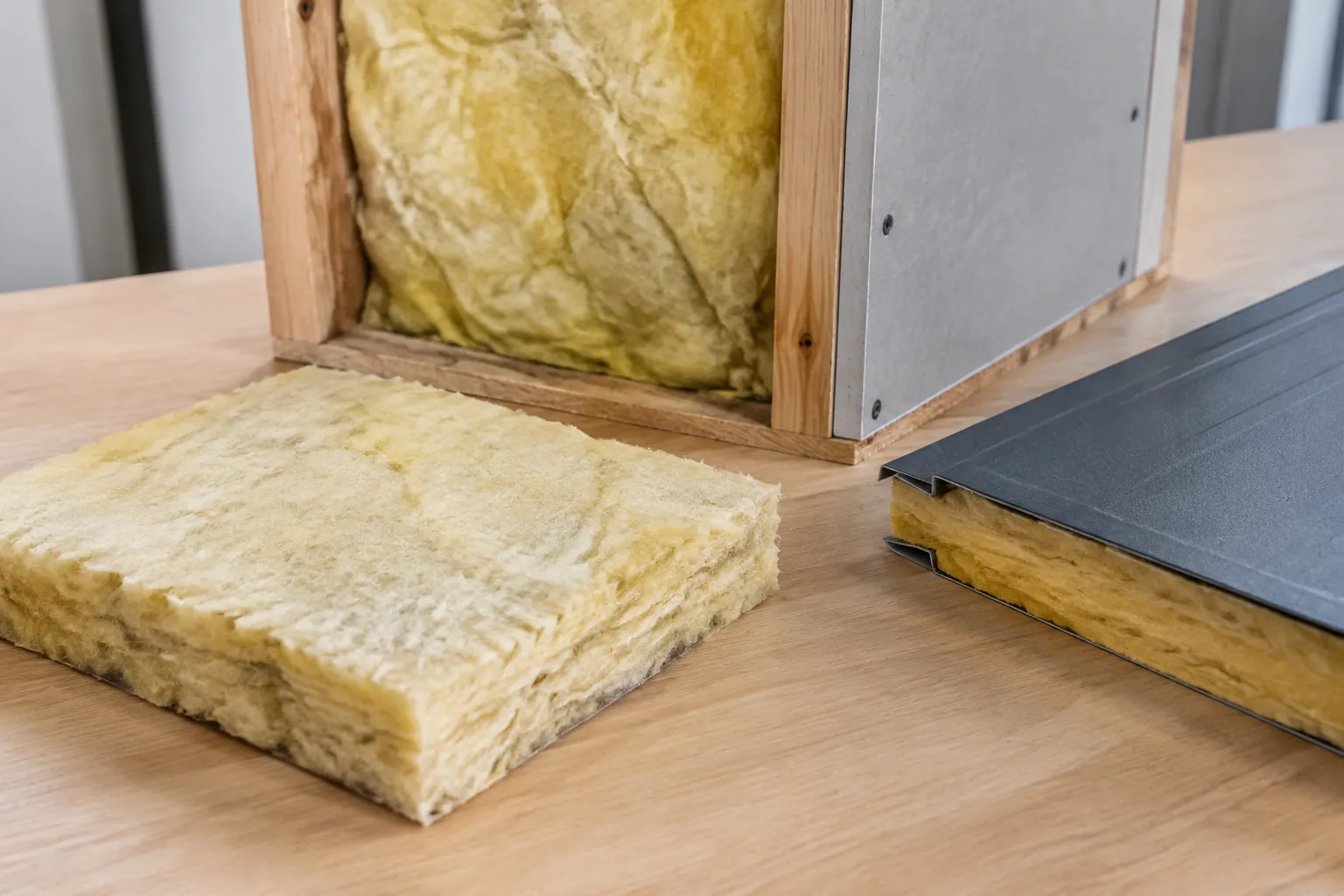 Insulasi kuning di dalam rangka dinding terbuka