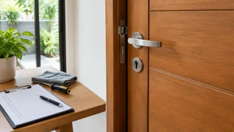 Pintu kayu dengan perangkat dan catatan perawatan di meja