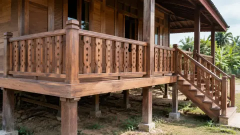 Railing kayu pada teras rumah panggung dan tangga luar