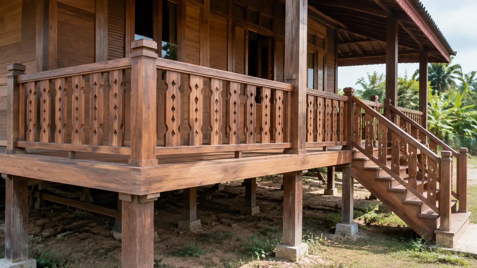 Railing kayu pada teras rumah panggung dan tangga luar