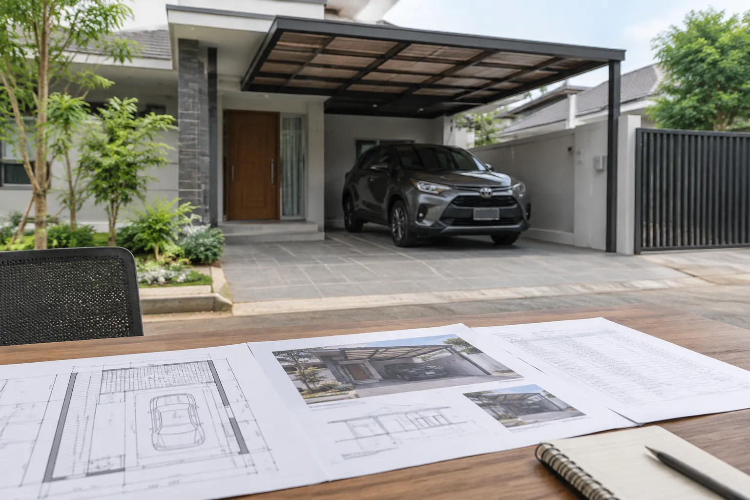 Gambar rencana carport berada di depan area pekerjaan yang sudah terbentuk