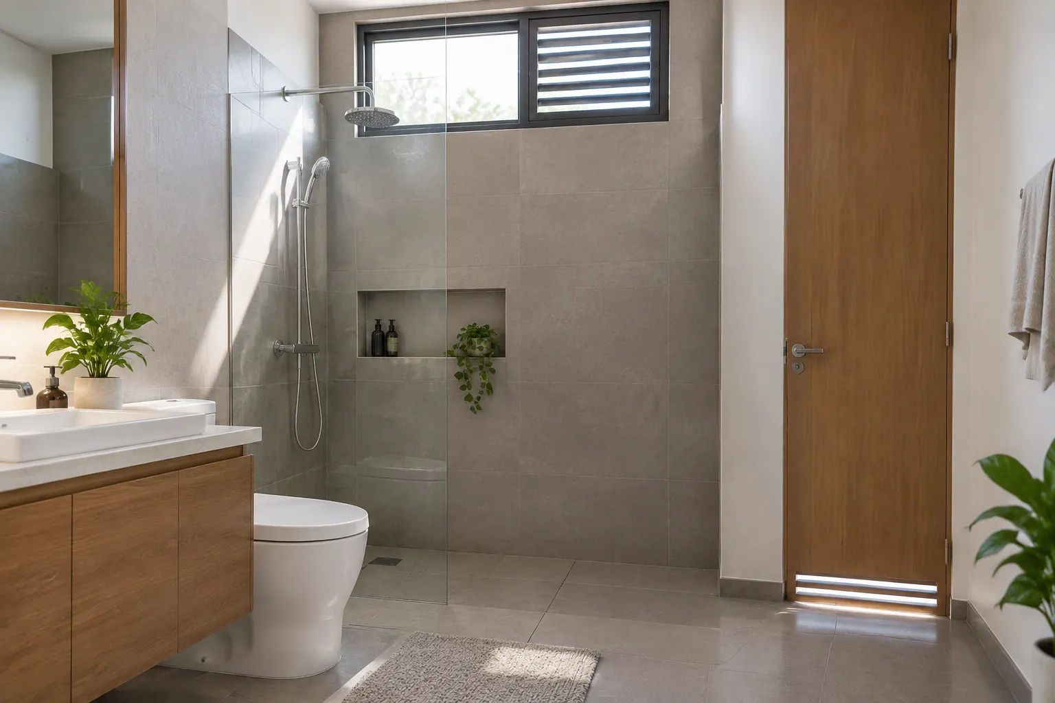 Kamar mandi dengan pancuran, wastafel, dan kloset pada posisi berbeda