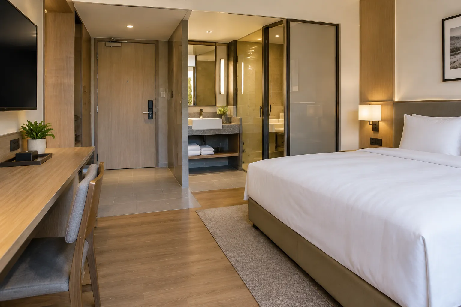 Area kamar hotel menampilkan meja, tempat tidur, dan kamar mandi berkaca