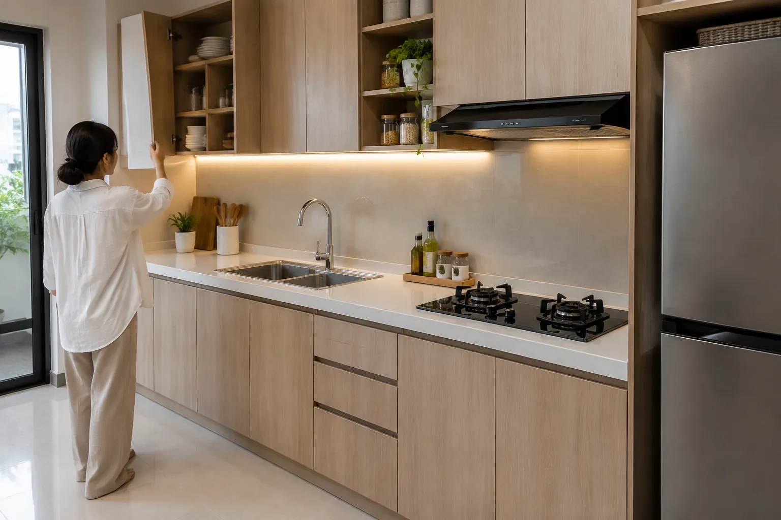 Seseorang memeriksa kabinet kitchen set pada dapur