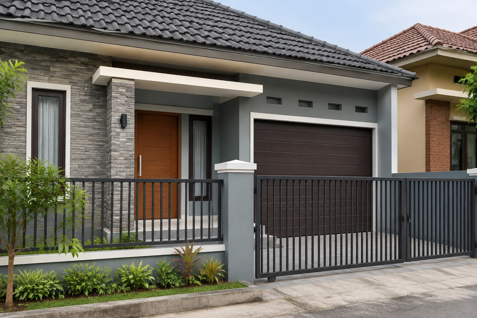 Gerbang dan fasad rumah dengan warna abu-abu serta batu
