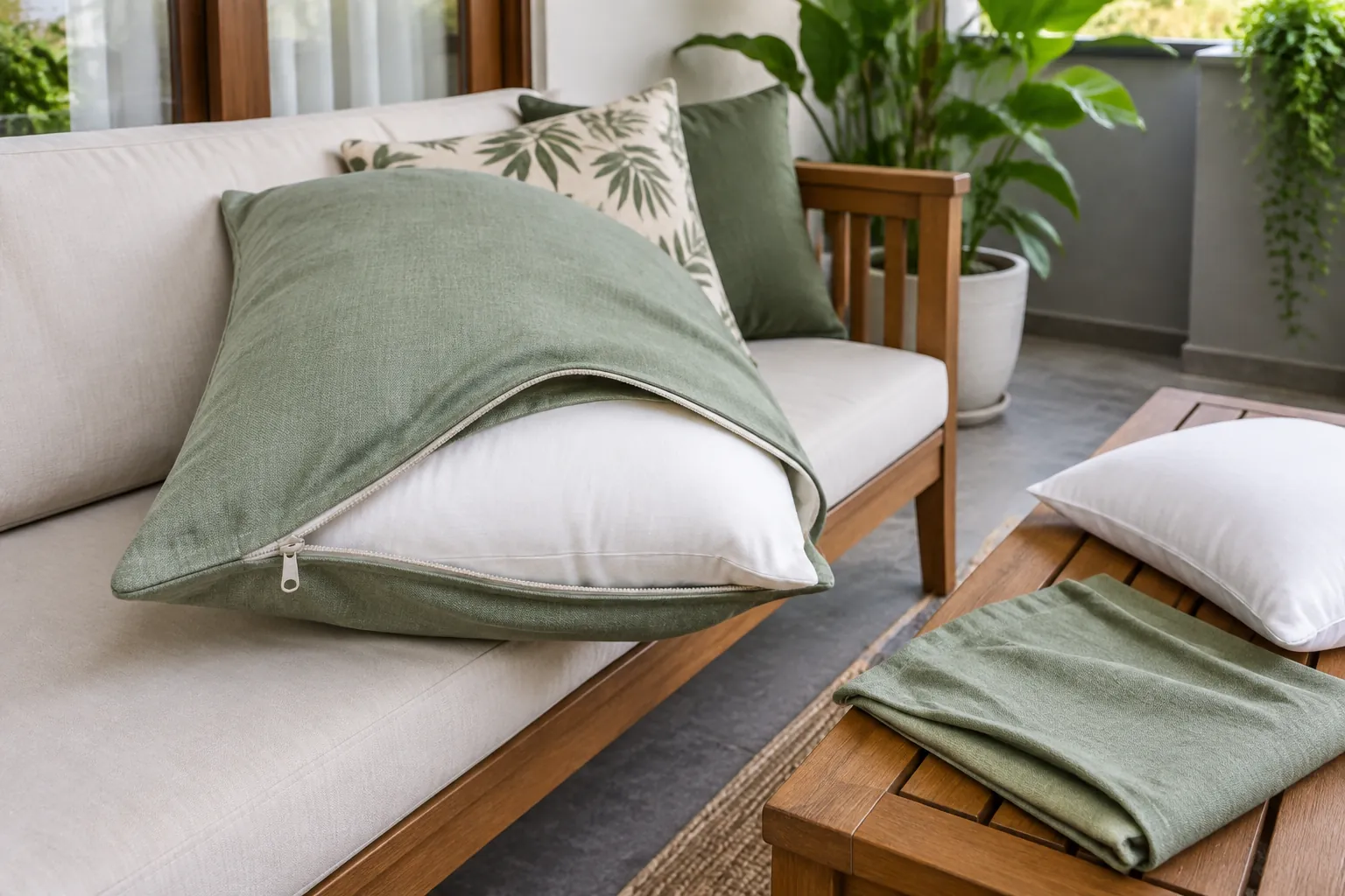 Bantal kain hijau di atas sofa kayu pada teras