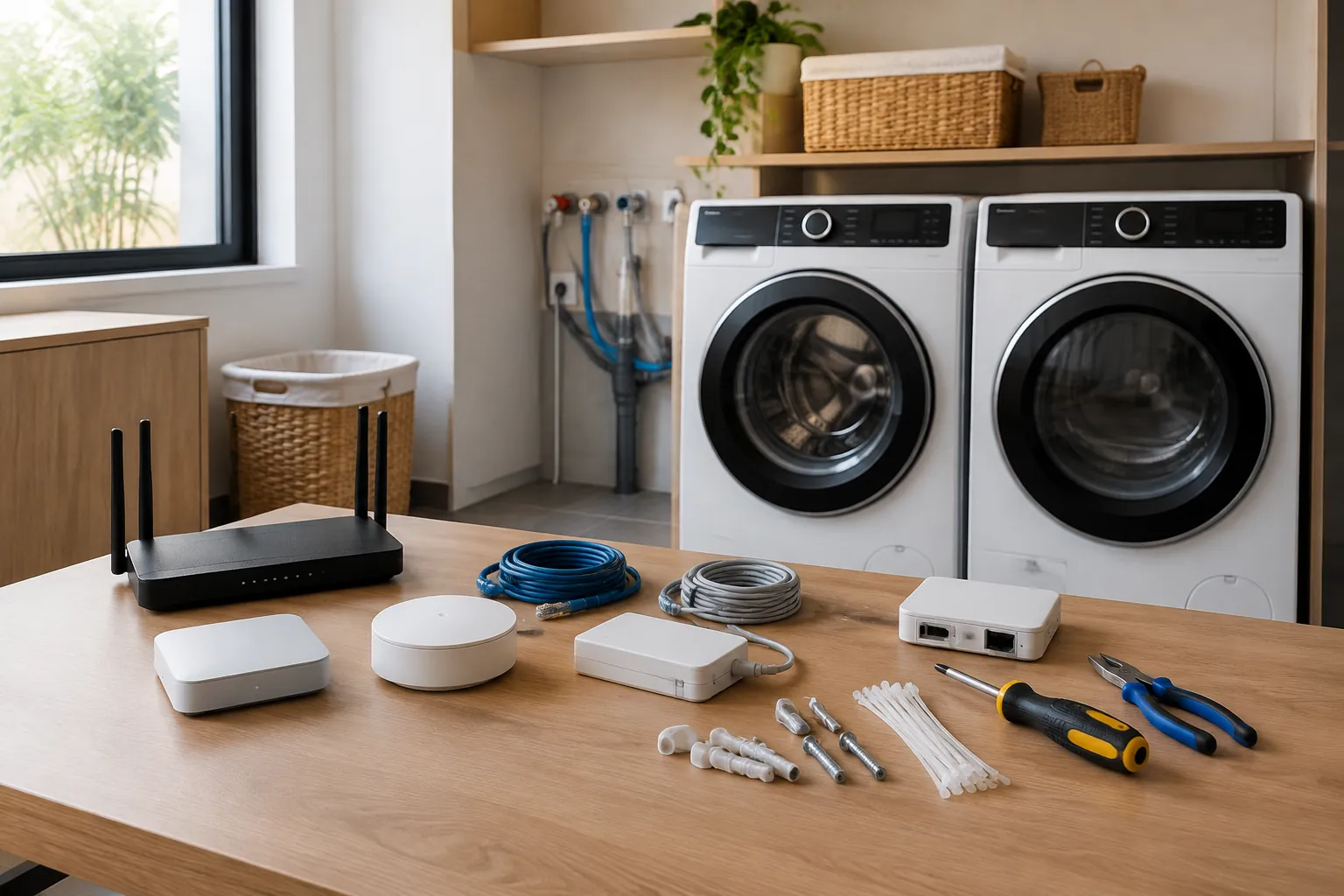 Perangkat jaringan, sensor, kabel, dan alat pemasangan ditata di meja laundry