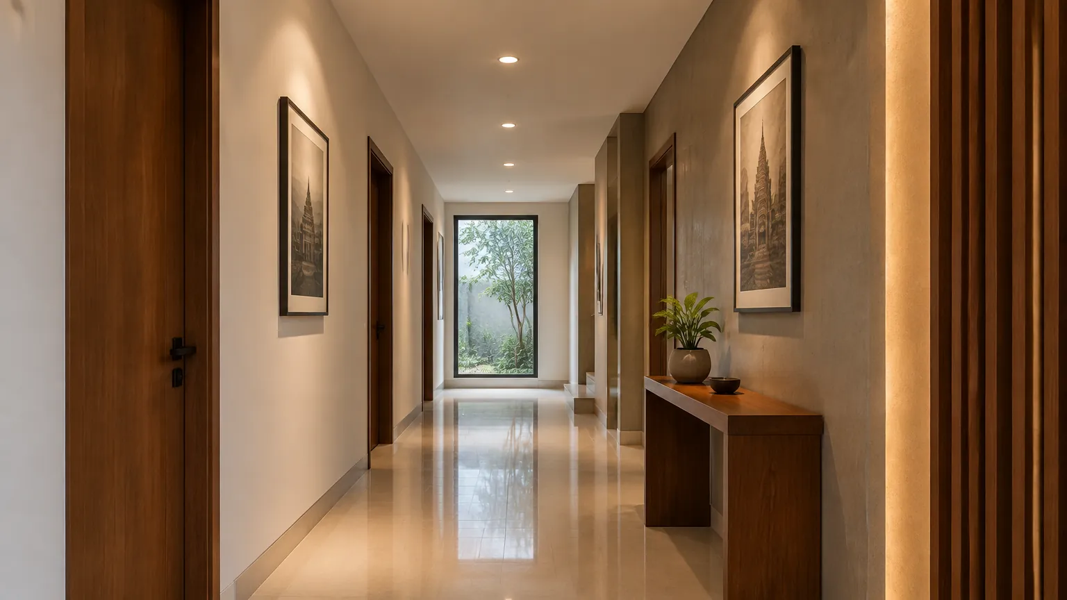 Lorong rumah dengan lampu plafon dan lampu dinding pada beberapa titik