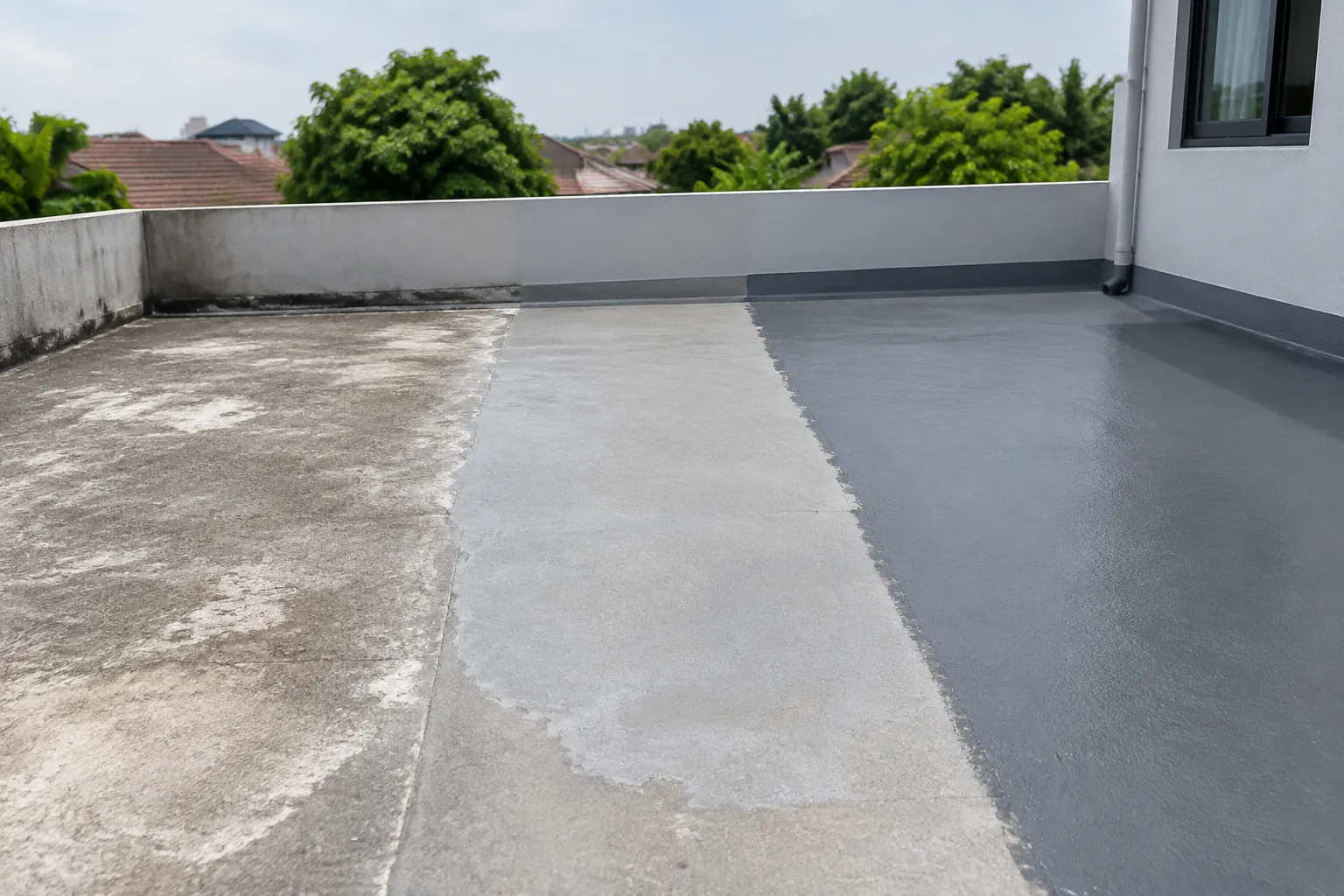 Bidang teras lama berdampingan dengan lapisan waterproofing baru