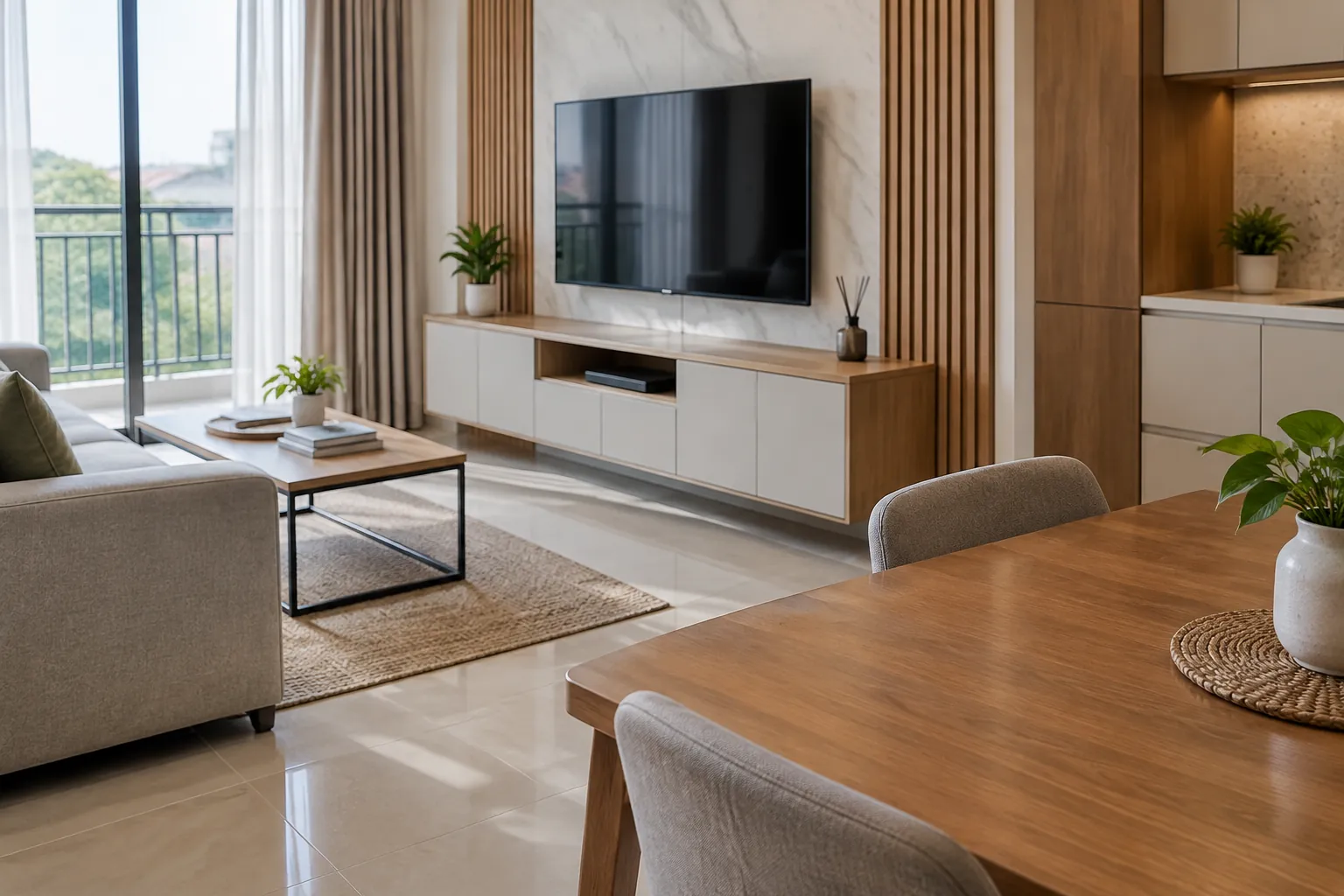 Ruang keluarga dengan furnitur dan panel kayu dekat televisi
