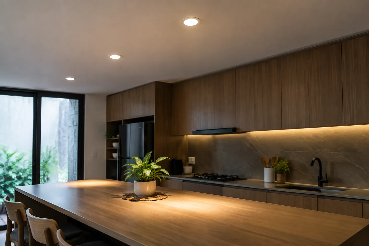Dapur terbuka dengan lampu plafon dan cahaya di bawah kabinet