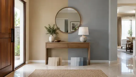 Foyer dengan cermin bundar dan contoh warna di meja konsol