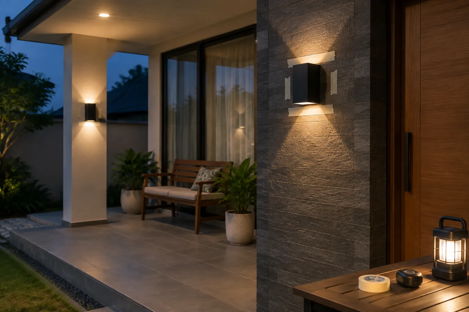 Lampu dinding menyala di teras rumah saat senja