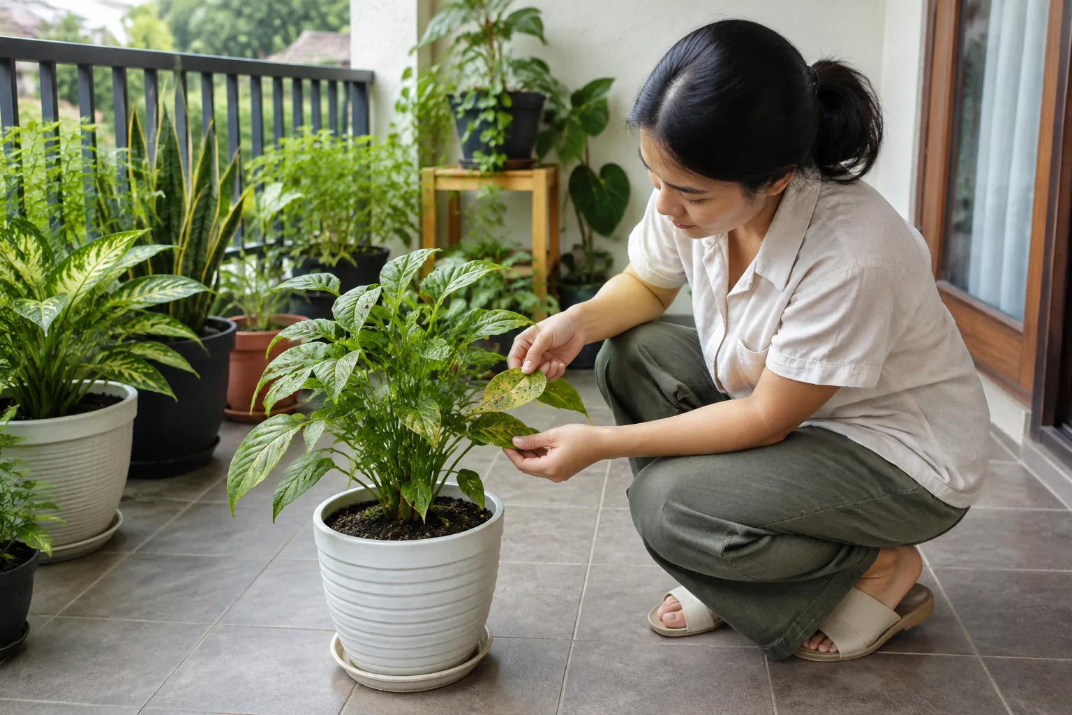 Penghuni mengamati daun tanaman dalam pot di balkon