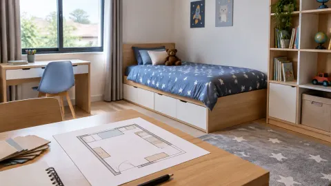 Kamar anak dengan tempat tidur laci dan rencana tata letak di meja
