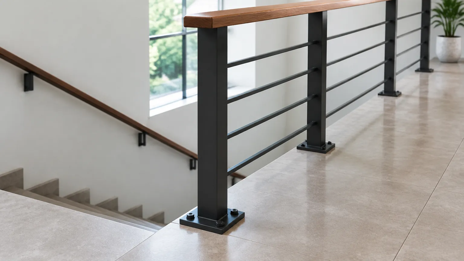 Railing tangga logam dengan pegangan kayu