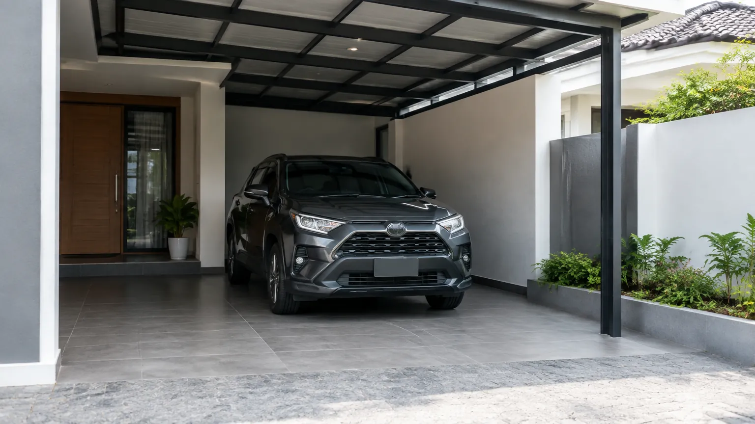 Carport rumah dengan pintu samping dan kanopi berangka logam