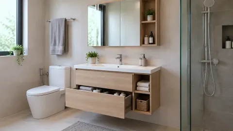 Lemari wastafel kamar mandi dengan laci dan rak terbuka
