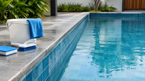 Alat pembersih dan handuk di tepi kolam berlapis keramik