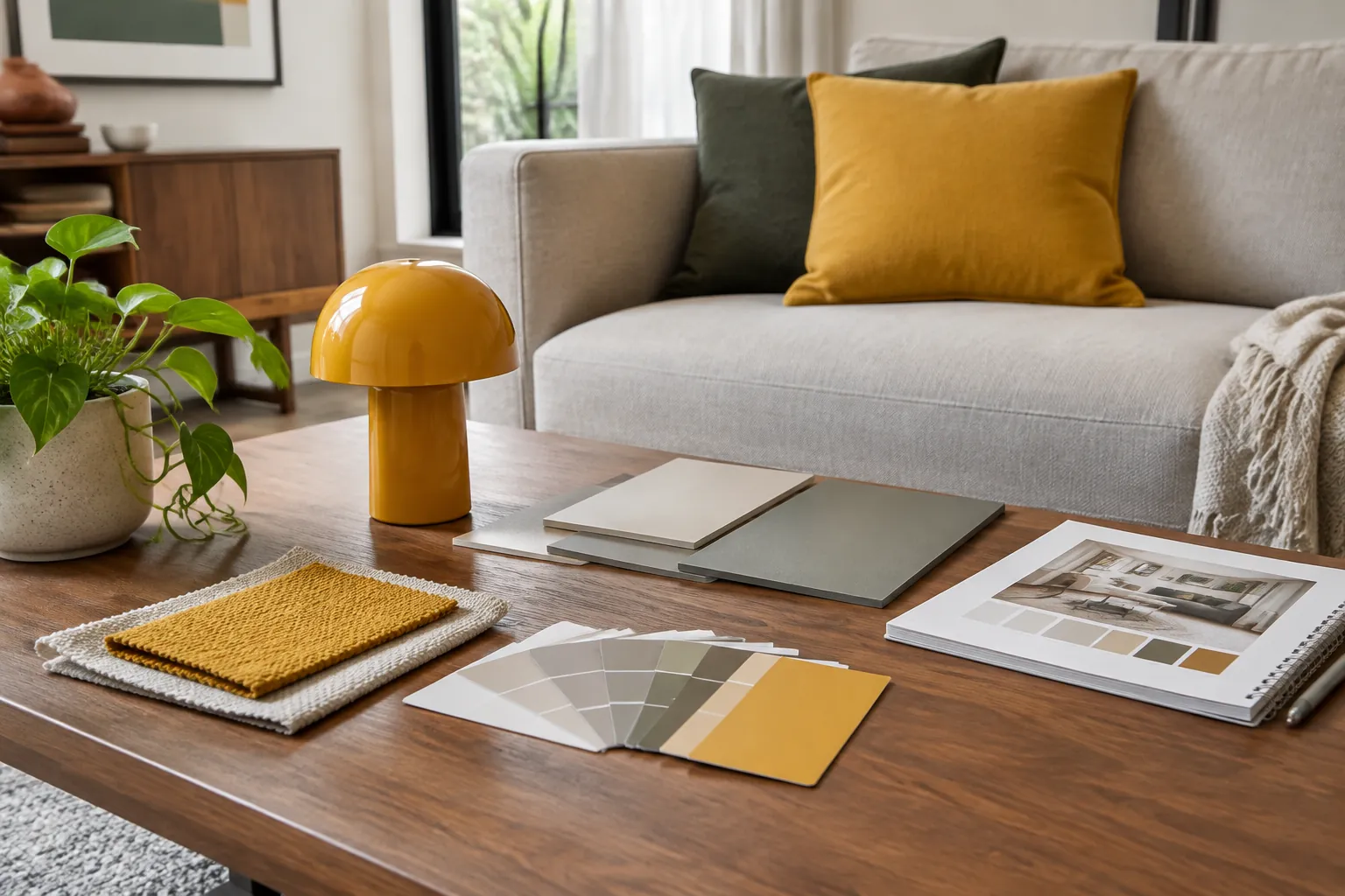 Contoh warna dan bahan di depan sofa dengan bantal kuning