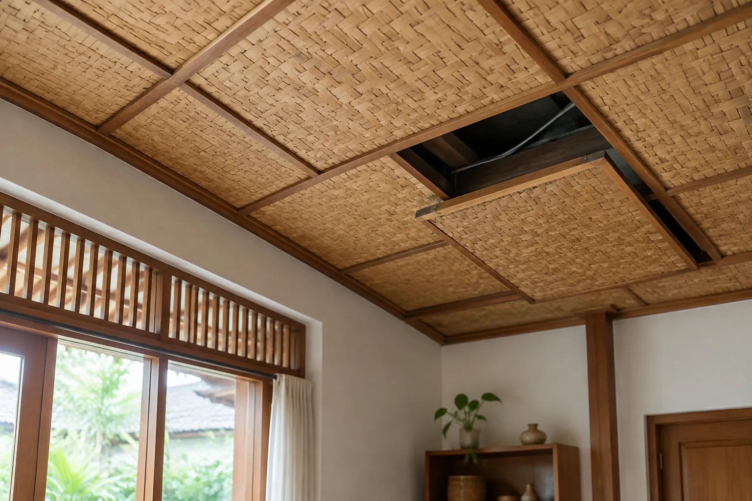 Panel plafon anyaman dengan bukaan servis