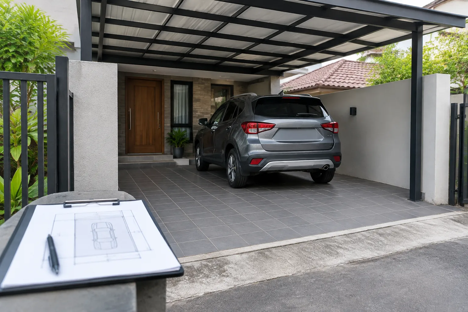 Mobil di carport dengan gambar rencana di bagian depan