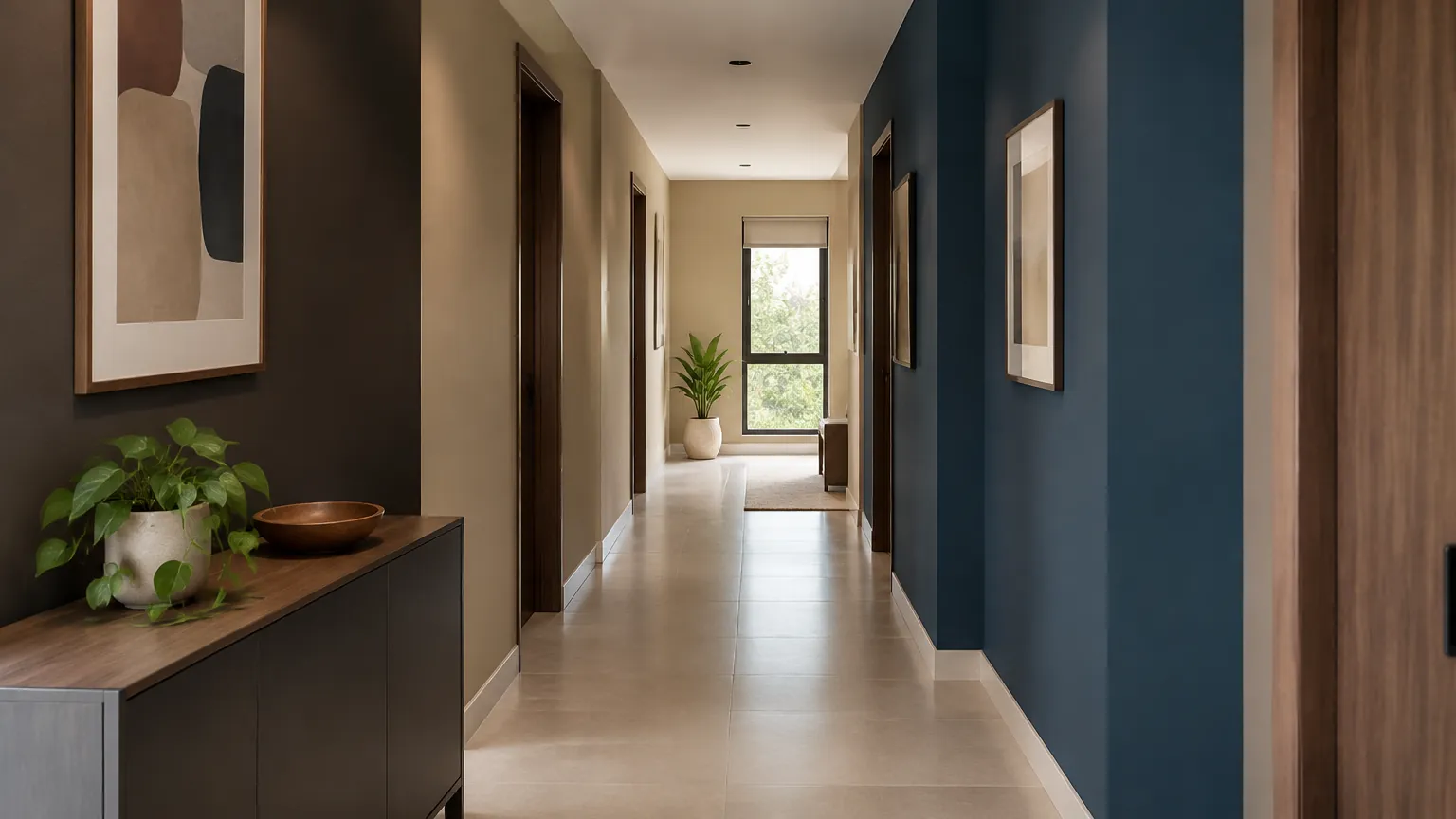 Lorong rumah dengan dinding biru gelap dan lantai terang