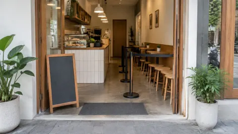 Pintu masuk kafe kecil dengan meja bar terlihat di dalam