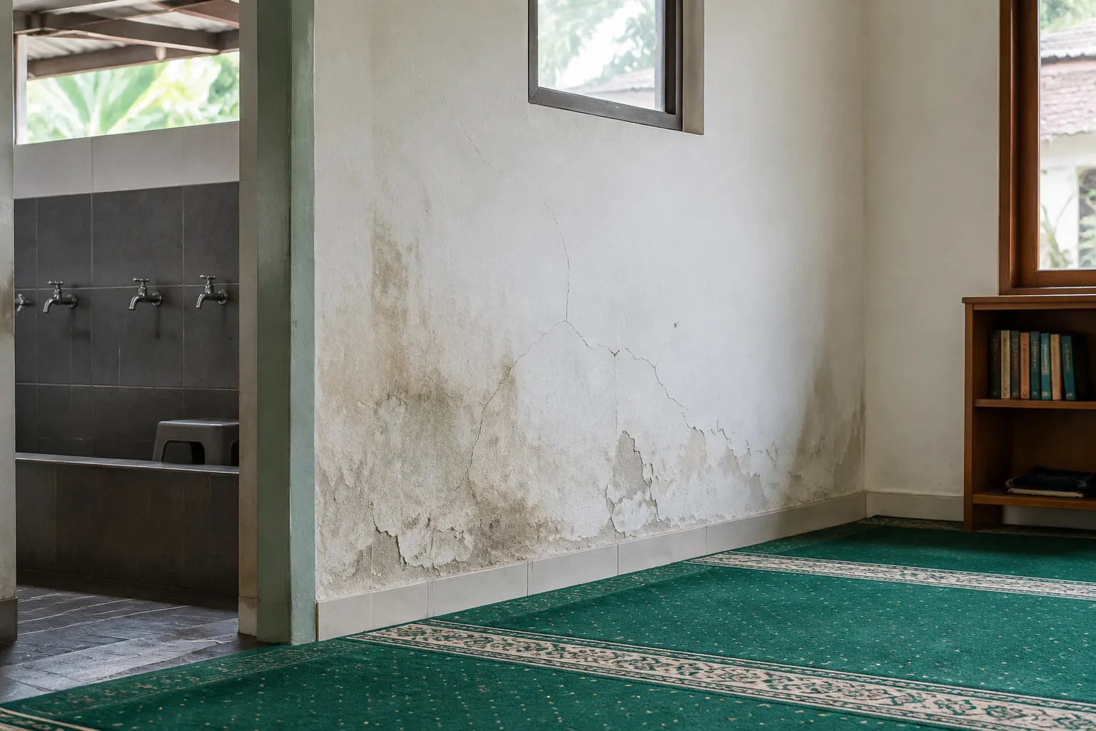 Dinding musala dengan noda dan lapisan mengelupas di dekat tempat wudu
