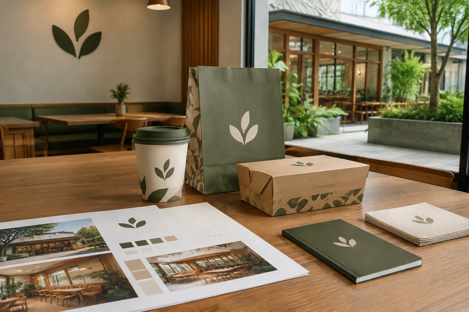 Contoh kemasan dan sampel warna untuk konsep kafe
