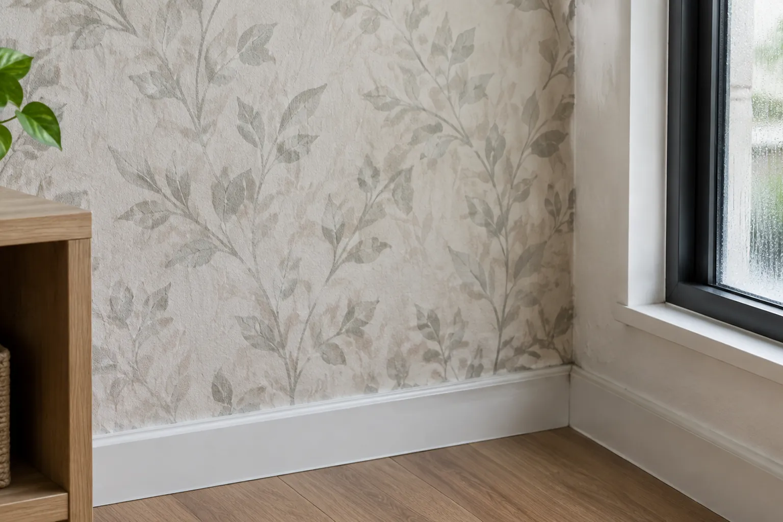 Wallpaper bermotif daun pada dinding ruang dalam