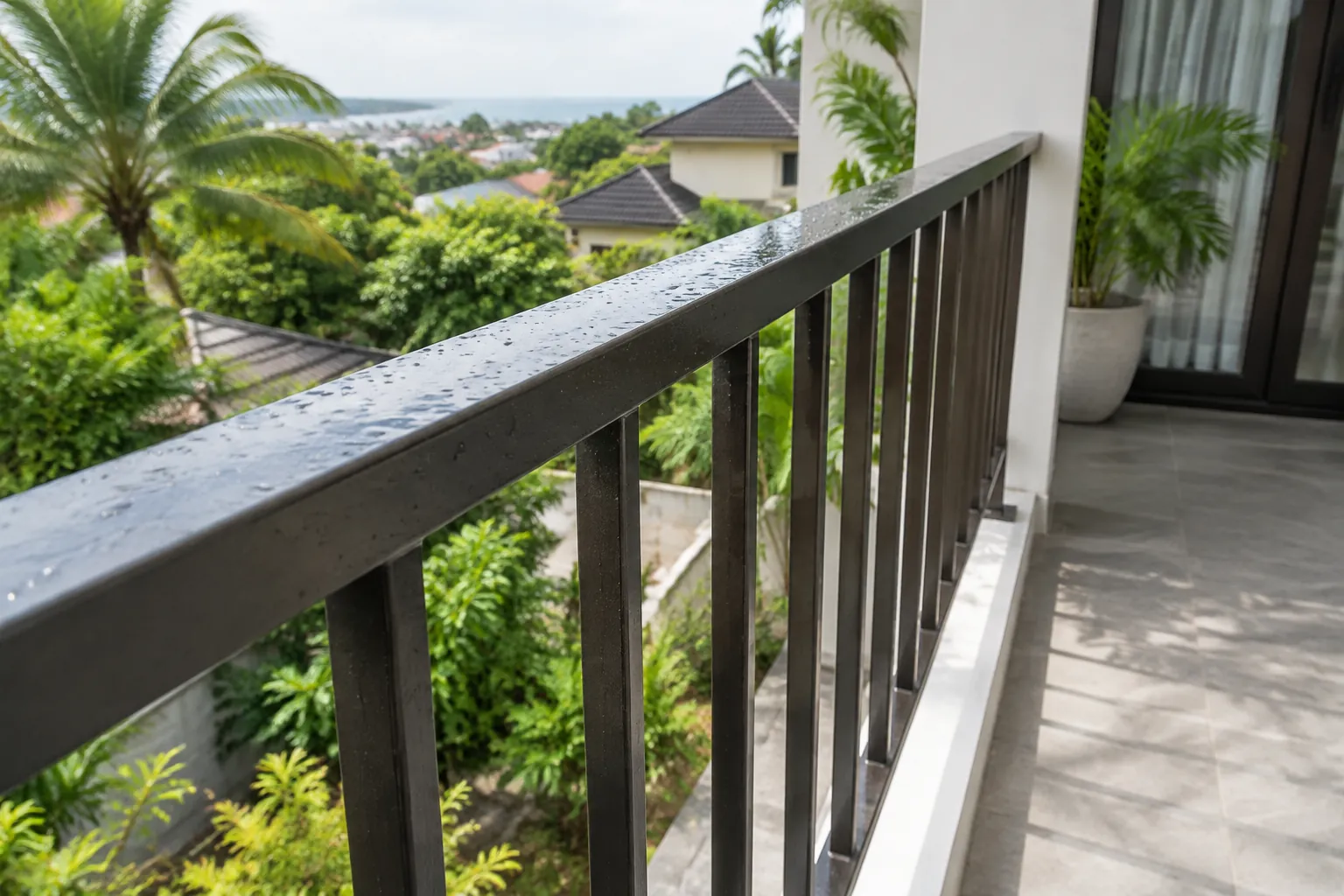 Permukaan railing balkon basah setelah terpapar hujan