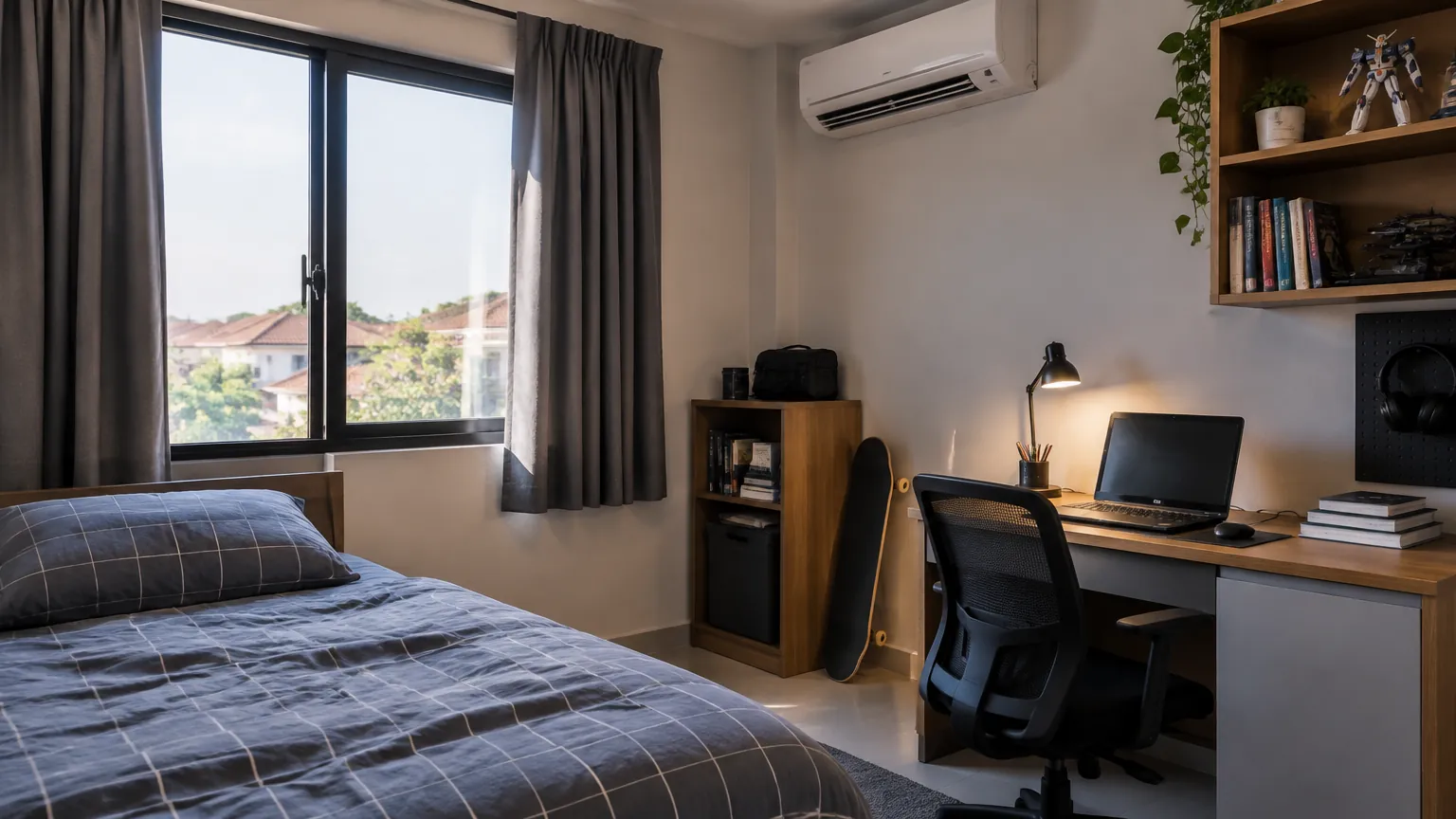 Kamar remaja dengan jendela, AC, dan meja kerja