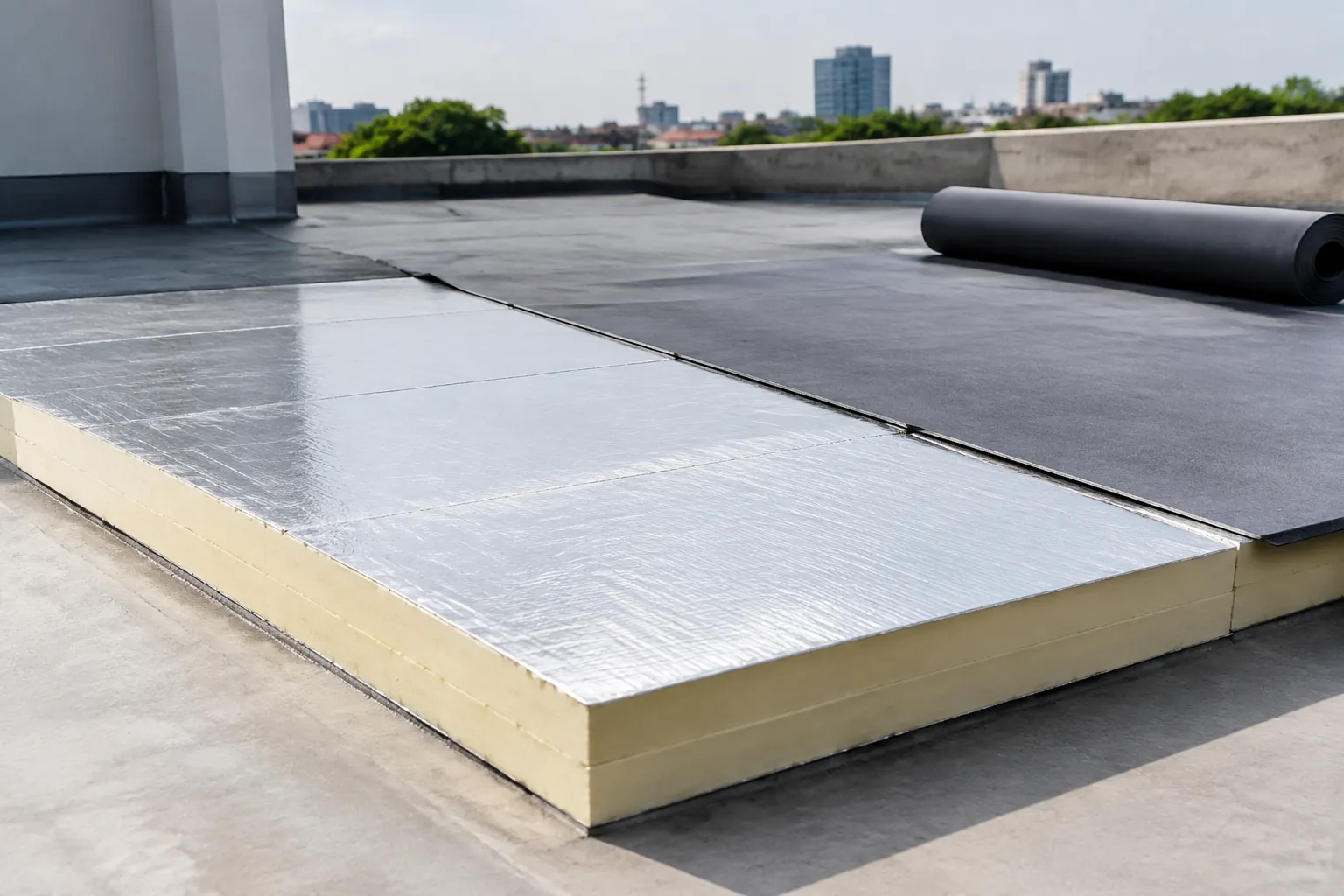 Panel insulasi berlapis foil di dekat permukaan atap