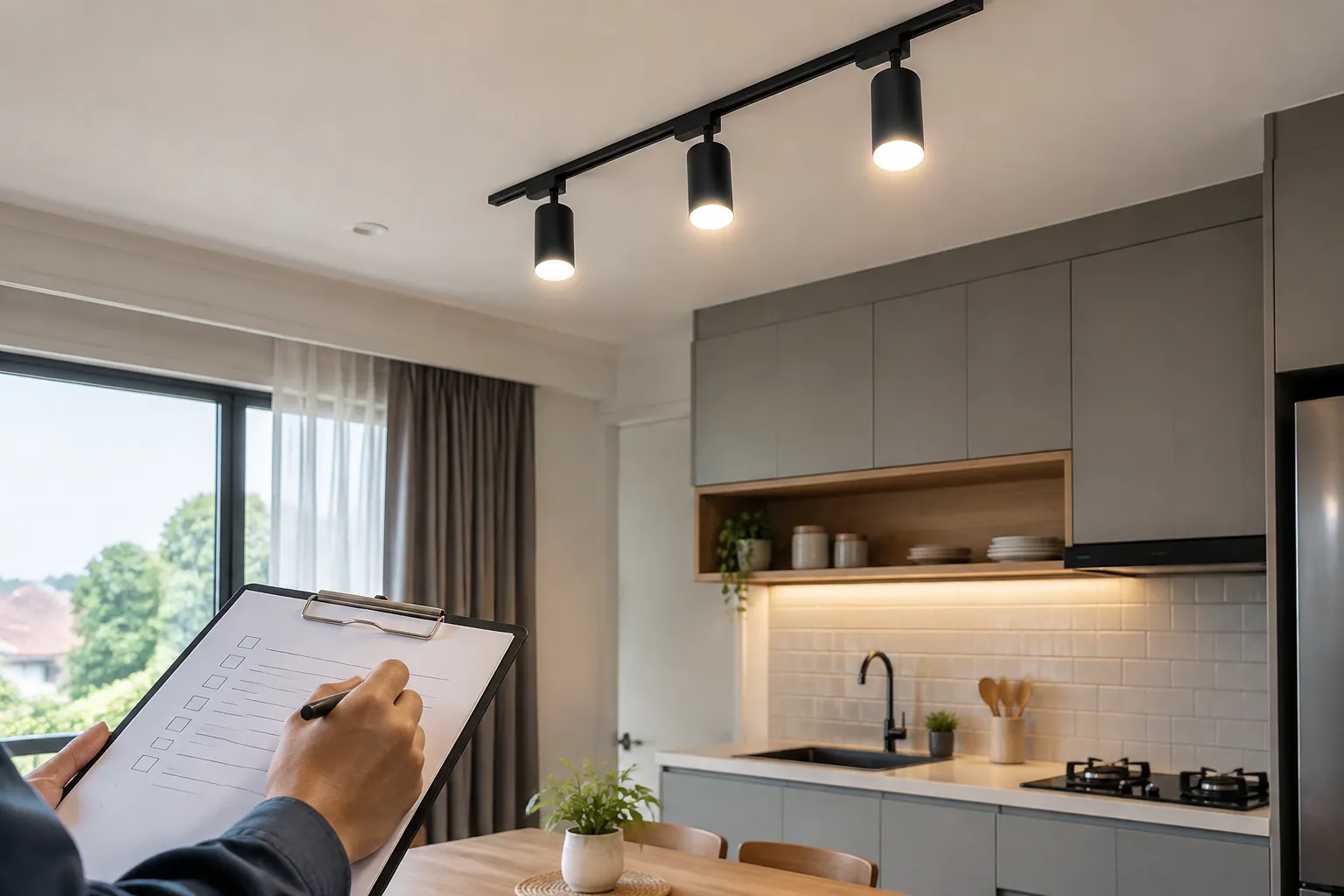 Lampu rel dapur diperiksa dengan papan catatan di tangan