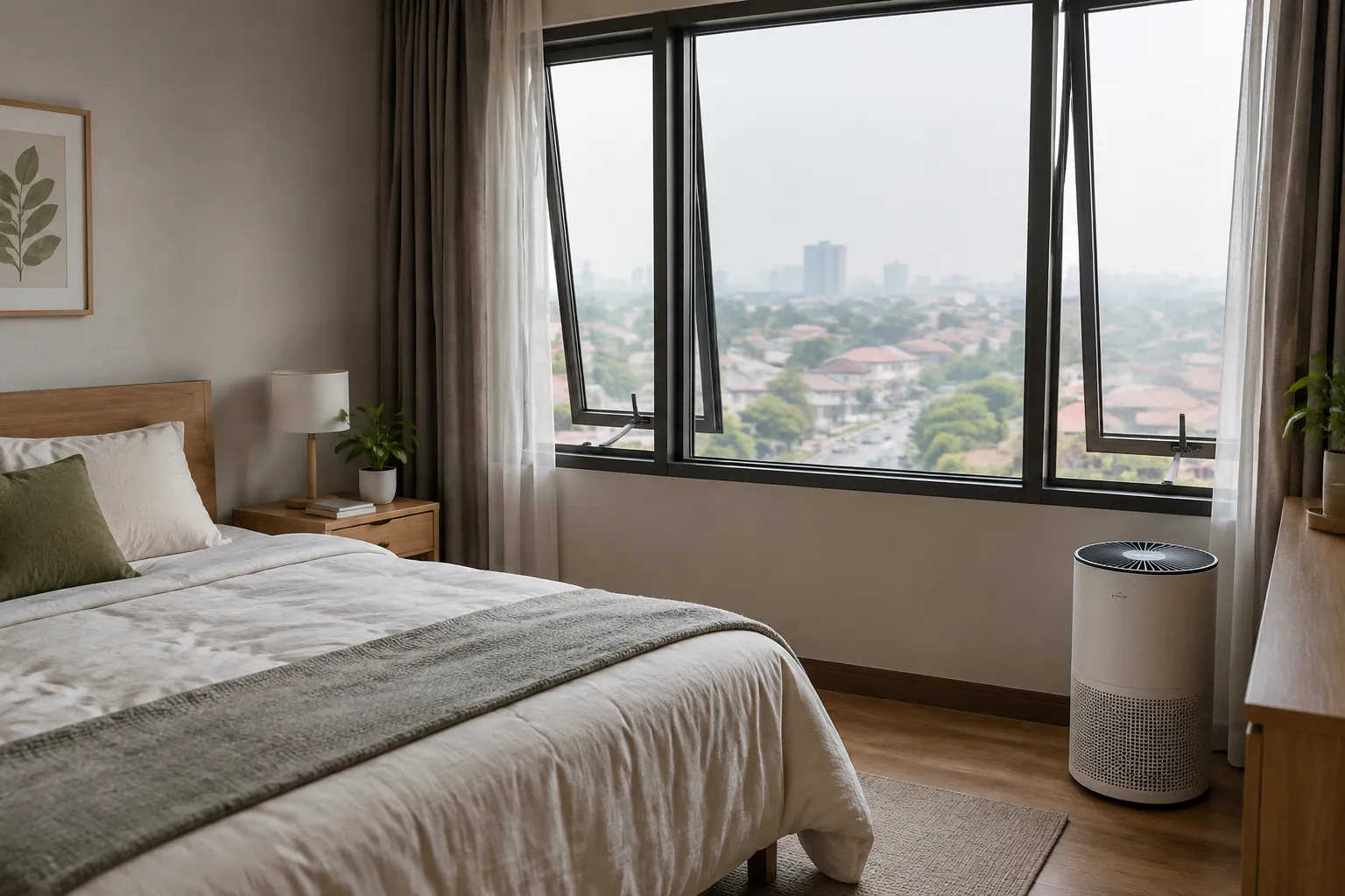 Kamar tidur menghadap pemandangan kota dengan alat penyaring udara