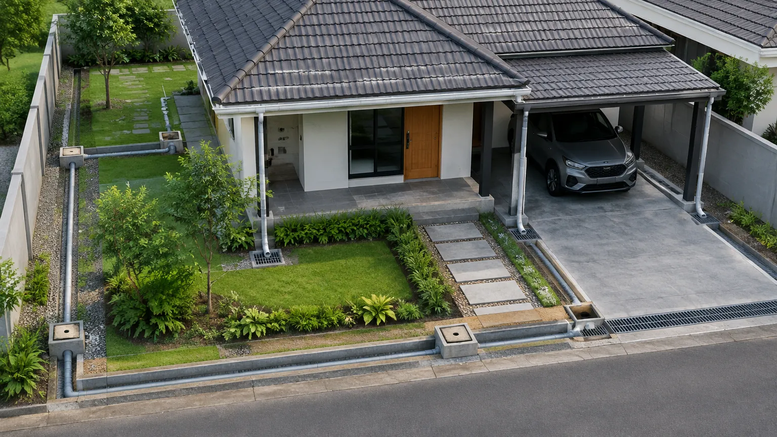 Rumah dengan halaman dan area masuk kendaraan