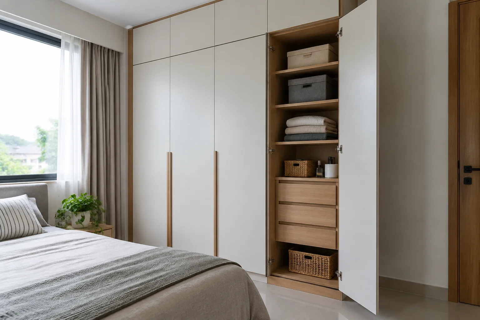 Lemari tinggi dengan rak terbuka dan pintu di kamar