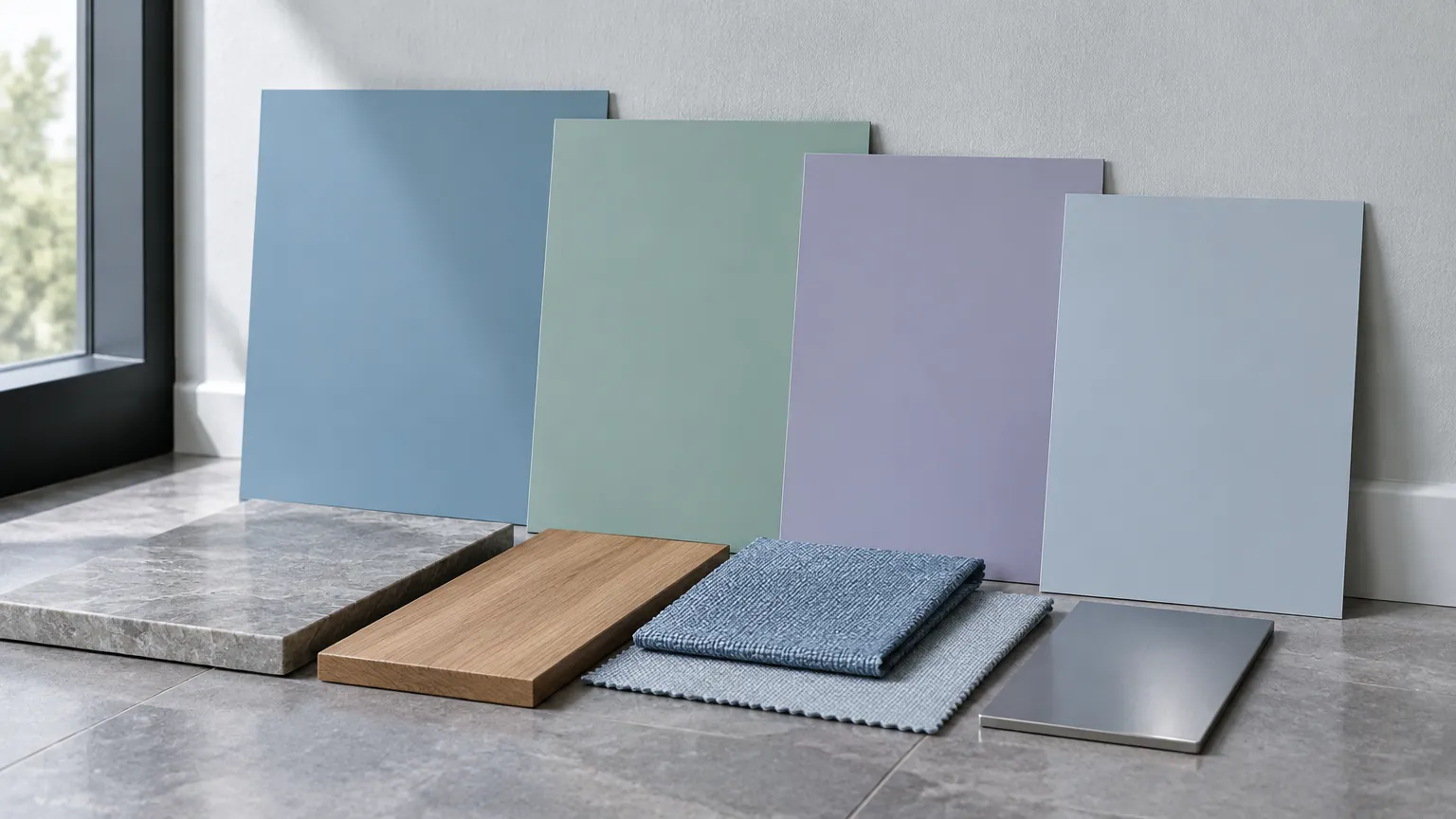 Sampel cat warna biru dan ungu di dekat jendela